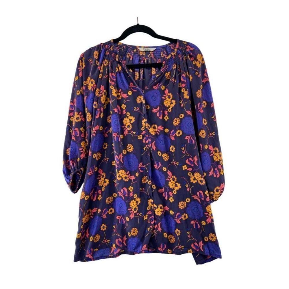 Tucker Women's Half Sleeve Silk Button Up Shirt Dress Purple Paisley Floral